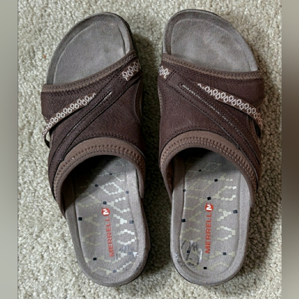 Merrell 'Dark Earth' Brown Performance Wear Sandals / Slides, New, Size 8